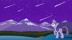 Size: 3840x2160 | Tagged: artist needed, safe, twilight sparkle, bush, forest, hill, meteor shower, mountain, night, night sky, pine tree, raised hoof, solo, stargazing, stars, tree, vector