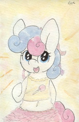 Size: 679x1049 | Tagged: safe, artist:slightlyshade, bon bon, sweetie drops, pony, belly button, candy, clothes, cute, food, lollipop, midriff, skirt, smiling, solo, tanktop