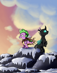 Size: 2267x2887 | Tagged: safe, artist:silverhopexiii, spike, thorax, changeling, dragon, pony, clothes, sitting, snow