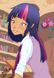 Size: 588x845 | Tagged: safe, artist:nika-tachikawa, twilight sparkle, human, clothes, female, golden oaks library, humanized, signature, solo