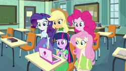 Size: 1920x1080 | Tagged: safe, screencap, applejack, fluttershy, pinkie pie, rarity, twilight sparkle, equestria girls, equestria girls (movie), book, bracelet, chair, chalkboard, classroom, clothes, computer, cowboy hat, denim skirt, door, hat, incomplete twilight strong, jewelry, laptop computer, pinkie pie laptop, skirt, stetson, table, tanktop