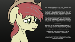 Size: 2870x1614 | Tagged: safe, artist:aaronmk, bright mac, the perfect pear, applejack's parents, feels, implied death, implied pear butter, older, sad, simple background, solo, text, that was fast