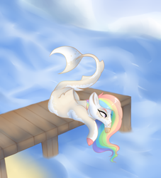 Size: 950x1046 | Tagged: safe, artist:kittii-kat, oc, oc only, oc:nerine, original species, shark pony, female, mare, pier, prone, solo, water