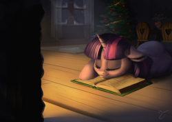 Size: 1280x905 | Tagged: safe, artist:chef j, twilight sparkle, pony, adorkable, blanket, book, christmas tree, cute, dork, fireplace, floppy ears, prone, sleeping, smiling, solo, that pony sure does love books, tree, twiabetes