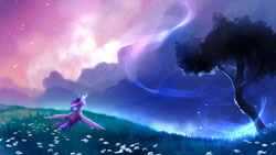 Size: 1600x900 | Tagged: safe, artist:nekiw, twilight sparkle, twilight sparkle (alicorn), alicorn, pony, beautiful, flower, meadow, scenery, scenery porn, shooting stars, solo, spread wings, stars, tree, twilight (astronomy)