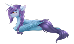 Size: 2830x1699 | Tagged: safe, artist:ohhoneybee, oc, oc only, oc:tyla, alicorn, pony, female, floppy ears, mare, prone, simple background, solo, transparent background