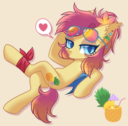 Size: 800x787 | Tagged: safe, artist:hawthornss, oc, oc only, oc:malibu glider, bat pony, pony, bandana, bedroom eyes, drink, ear piercing, earring, flower, jewelry, kissy face, looking at you, piercing, simple background, solo, sunglasses, watermark