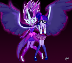 Size: 900x783 | Tagged: safe, artist:bbqgoth, midnight sparkle, sci-twi, twilight sparkle, equestria girls, legend of everfree, clothes, dress, glasses, horn, pleated skirt, scared, school uniform, self paradox, shoes, signature, skirt, socks, the midnight in me