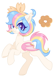 Size: 2648x3644 | Tagged: safe, artist:hawthornss, oc, oc only, oc:lion ring, bat pony, pony, bow, cute, cute little fangs, donut, ear fluff, fangs, food, hair bow, looking at you, simple background, transparent background, underhoof