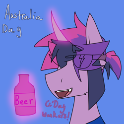 Size: 844x844 | Tagged: safe, artist:moonaknight13, twilight sparkle, oc, oc:twilight night, alcohol, australia, australia day, beer, clothes, fangs, glowing horn, magic, open mouth, shirt, simple background, smiling, solo, sunglasses, text