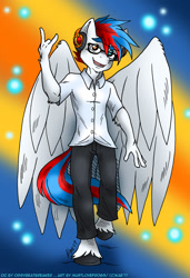 Size: 823x1200 | Tagged: safe, artist:kaemantis, oc, oc only, oc:beat breaker, anthro, pegasus, unguligrade anthro, anthro oc, clothes, commission, male, solo, stallion