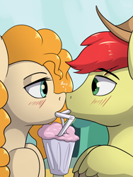Size: 3000x4000 | Tagged: safe, artist:stargazer, bright mac, pear butter, pony, the perfect pear, applejack's parents, blushing, boop, brightbutter, female, hat, high res, male, milkshake, noseboop, sharing a drink, shipping, straight, straw, that was fast, unshorn fetlocks, wide eyes