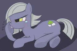 Size: 900x600 | Tagged: safe, artist:noupu, limestone pie, pony, gray background, prone, simple background, solo