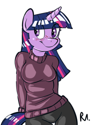 Size: 1410x1914 | Tagged: safe, artist:bluecoffeedog, twilight sparkle, anthro, clothes, simple background, solo, sweater