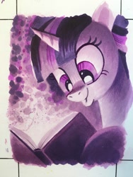 Size: 768x1024 | Tagged: safe, artist:andypriceart, twilight sparkle, pony, unicorn, book, limited palette, looking down, smiling, solo, traditional art, watercolor painting