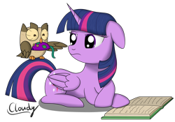 Size: 2536x1780 | Tagged: safe, artist:cloudy95, owlowiscious, twilight sparkle, twilight sparkle (alicorn), alicorn, pony, book, prone, simple background, toy, transparent background