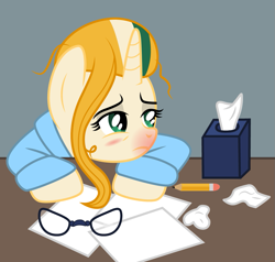 Size: 997x950 | Tagged: safe, artist:cloudyglow, oc, oc only, oc:cloudy glow, pony, unicorn, clothes, female, glasses, mare, napkin, paper, pencil, robe, sick, solo, tissue, tissue box