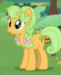 Size: 448x551 | Tagged: safe, screencap, goldie delicious, earth pony, pony, the perfect pear, bow, braid, cropped, female, hair bow, mare, solo, younger