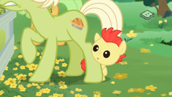 Size: 1600x900 | Tagged: safe, screencap, bright mac, goldie delicious, granny smith, earth pony, pony, the perfect pear, baby, baby pony, bow, colt, cropped, female, foal, male, mare, mother and child, mother and son, parent and child, raised hoof, young granny smith, younger