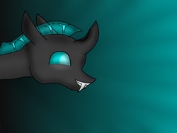 Size: 800x600 | Tagged: safe, artist:psychicpie, oc, oc only, oc:steel crescent, changeling, blue changeling, fangs, happy, horn, remake, simple background, smiling, solo
