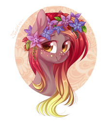 Size: 1024x1138 | Tagged: safe, artist:ten-dril, oc, oc only, earth pony, pony, bust, colored pupils, floral head wreath, portrait, solo