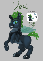 Size: 2894x4093 | Tagged: safe, artist:mik3thestrange, oc, oc only, oc:veil, changeling, absurd resolution, changeling oc, green changeling, male, quadrupedal, rearing, reference sheet, solo