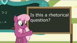 Size: 1920x1080 | Tagged: safe, edit, edited screencap, screencap, cheerilee, pony, the cart before the ponies, chalkboard, cheerilee's blackboard, exploitable, exploitable meme, image macro, meme, rhetorical question