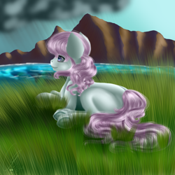 Size: 3600x3600 | Tagged: safe, artist:crazyaniknowit, oc, oc only, oc:pastel wish, earth pony, pony, art trade, grass field, prone, scenery, smiling, solo, underhoof