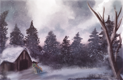 Size: 1024x662 | Tagged: safe, artist:amura-of-jupiter, oc, oc only, oc:hoxie redhoof, oc:morning raindew mist, pony, cabin, duo, forest, scenery, snow, snowfall, tree, walking, winter