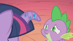 Size: 1280x720 | Tagged: safe, screencap, spike, twilight sparkle, dragon, bridle gossip, floppy horn, horn, lip bite, twilight flopple