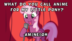 Size: 1920x1080 | Tagged: safe, artist:equestria-prevails, edit, cheerilee, earth pony, pony, cheerilee pun, curtain, exploitable, exploitable meme, female, green eyes, happy, hoof hold, looking down, mare, meme, microphone, open mouth, shading, smiling, solo, spotlight, stand-up comedy, standing, text, text edit, two toned mane, two toned tail