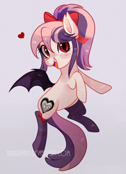 Size: 722x995 | Tagged: safe, artist:hikariviny, oc, oc only, oc:sweet velvet, bat pony, pony, female, gift art, heart, looking at you, mare, open mouth, simple background, smiling, solo