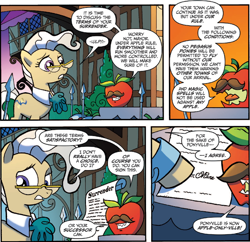 Size: 820x795 | Tagged: safe, idw, mayor mare, mustachioed apple, earth pony, living apple, pony, night of the living apples, spoiler:comic, spoiler:comic32, apple, comic, facial hair, female, food, male, mare, moustache, official comic, spear, speech bubble, surrender, weapon