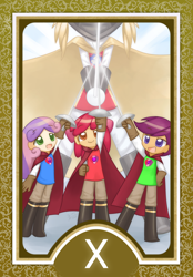 Size: 1200x1728 | Tagged: safe, artist:howxu, apple bloom, scootaloo, sweetie belle, human, cape, clothes, commission, cutie mark crusaders, gloves, humanized, looking up, rapier, smiling, sword, tarot, tarot card, the three musketeers, trio, weapon