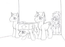 Size: 1199x864 | Tagged: safe, artist:dsb71013, derpibooru exclusive, oc, oc only, oc:brisk iron, earth pony, pegasus, pony, unicorn, comic, glasses, monochrome