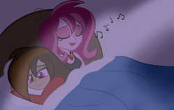 Size: 1024x647 | Tagged: safe, artist:wubcakeva, oc, oc only, oc:contralto, oc:cupcake slash, equestria girls, bed, blanket, clothes, cute, disguised siren, equestria girls-ified, female, lesbian, lullaby, pillow, sleeping