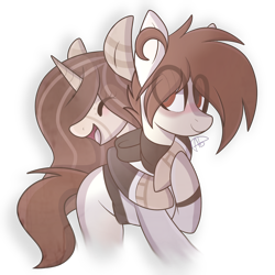 Size: 2048x2048 | Tagged: safe, artist:umiimou, oc, oc only, earth pony, pony, unicorn, clothes, female, high res, hug, male, mare, simple background, stallion, transparent background