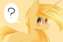 Size: 1280x853 | Tagged: safe, artist:cupofvanillatea, oc, oc only, oc:rous, pony, unicorn, female, mare, question mark, simple background, solo