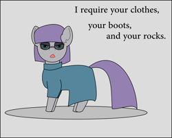 Size: 886x713 | Tagged: safe, artist:planetkiller, maud pie, pony, clothes, looking at you, rock, simple background, solo, sunglasses, terminator, terminator 2, text, that pony sure does love rocks