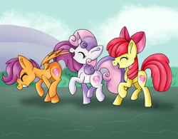 Size: 1024x799 | Tagged: safe, artist:huskywo1f, apple bloom, scootaloo, sweetie belle, cutie mark crusaders, eyes closed, happy, raised hoof, walking