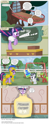 Size: 3300x8273 | Tagged: safe, artist:perfectblue97, red june, rumble, twilight sparkle, earth pony, pony, comic:without magic, absurd resolution, apple family member, blank flank, comic, custard, earth pony twilight, food, golden oaks library, playground, school, sign, sugarcube corner