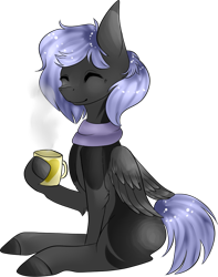 Size: 753x958 | Tagged: safe, artist:poppy-opium, oc, oc only, pegasus, pony, clothes, coffee, eyes closed, female, mare, scarf, simple background, sitting, solo, transparent background