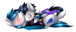 Size: 2415x1044 | Tagged: safe, artist:scarlet-spectrum, oc, oc only, oc:blue storm, oc:switch, oc:switch storm, pegasus, pony, blushing, clothes, commission, costume, eyes closed, hug, male, shadowbolts costume, simple background, snuggling, straight, transparent background