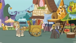 Size: 825x472 | Tagged: safe, screencap, burnt oak, jeff letrotski, earth pony, pony, the perfect pear, apple, bandana, beard, cart, cowboy hat, facial hair, food, hat, male, market, moustache, rug, stallion