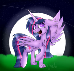 Size: 2600x2500 | Tagged: safe, artist:tomboygirl45, twilight sparkle, twilight sparkle (alicorn), alicorn, hengstwolf, pony, werewolf, behaving like a dog, chest fluff, fangs, full moon, moon, night, solo, tongue out, transformation