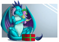 Size: 2630x1860 | Tagged: safe, artist:exelzior, princess ember, spike, dragon, button eyes, cute, emberbetes, emberspike, eyes closed, hug, male, plushie, present, shipping, sitting, smiling, spike plushie, spread wings, straight