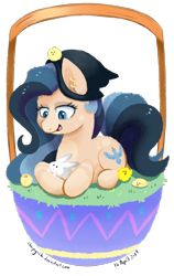 Size: 2611x4131 | Tagged: safe, artist:chirpy-chi, oc, oc only, chicken, earth pony, pony, rabbit, absurd resolution, basket, chick, hat, pony in a basket, simple background, solo, transparent background