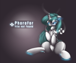 Size: 1508x1265 | Tagged: safe, artist:larkdraws, pony, robot, robot pony, unicorn, curved horn, sitting, solo