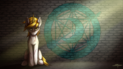 Size: 2464x1386 | Tagged: safe, artist:setharu, oc, oc only, oc:goldenblood, pony, unicorn, fallout equestria, fallout equestria: project horizons, crepuscular rays, emblem, ministry of arcane sciences, ministry of awesome, ministry of image, ministry of morale, ministry of peace, ministry of wartime technology, scar, solo, symbols, wall
