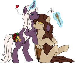 Size: 540x455 | Tagged: safe, artist:karmadash, oc, oc only, oc:krystal feathers, oc:nami, pegasus, pony, unicorn, blank flank, brush, couple, eyes closed, female, flower, heart, kryami, lesbian, magic, mare, rose, shipping, simple background, sitting, sleeping, smiling, song in the description, standing, telekinesis, transparent background, z, zzz